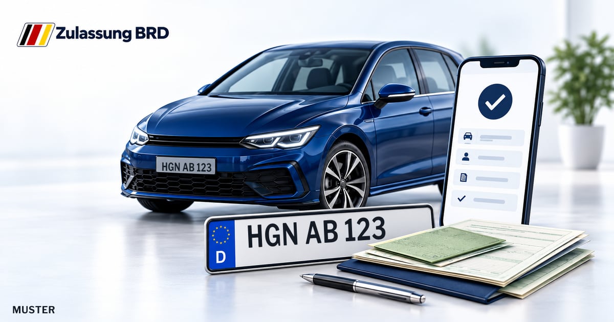 Online Fahrzeugzulassung in Parchim: Musterkennzeichen HGN AB 123, Auto und Fahrzeugpapiere und Smartphone. Illustration mit Logo von Zulassung BRD.